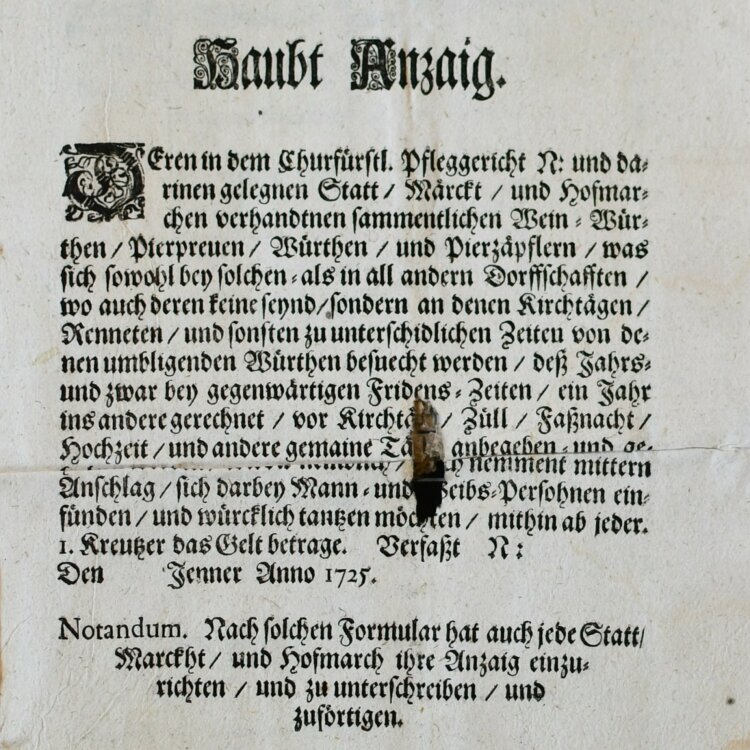 Kurfürstliches Pfleggericht - Anzeige - Januar 1725