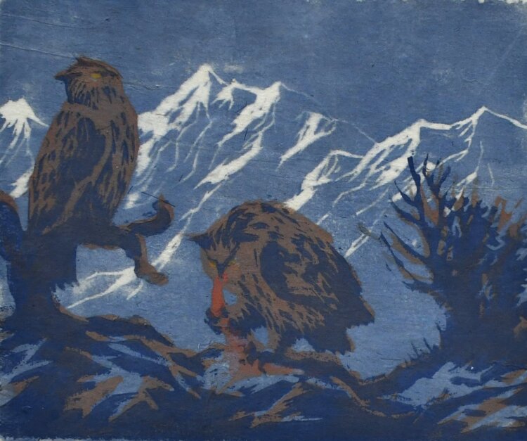 Unbekannt - Raubvögel im Gebirge - 1921 - Farbholzschnitt