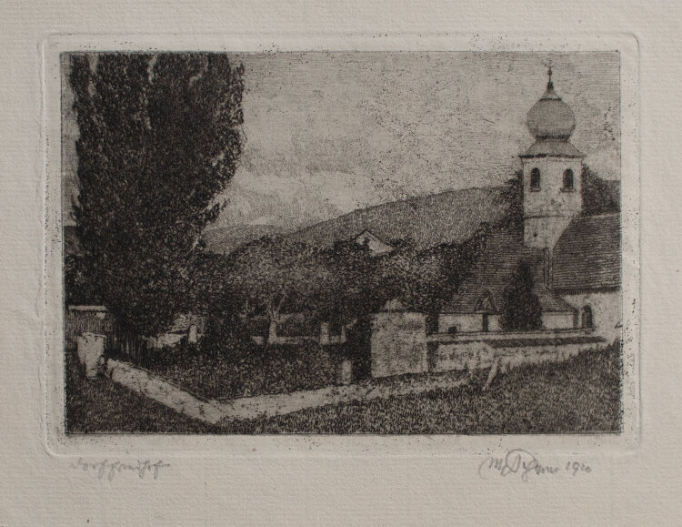 Max von Scherer - Dorffriedhof - 1920 - Radierung mit Plattenton auf geripptem Bütten von Van Gelder Zonen mit angeschnittenem Wasserzeichen