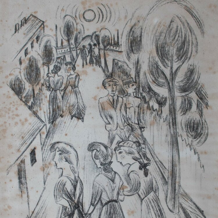 Max Unold - Straßenszene mit Spaziergängern - 1918 - Lithografie