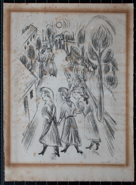 Max Unold - Straßenszene mit Spaziergängern - 1918 - Lithografie