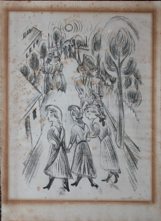 Max Unold - Straßenszene mit Spaziergängern - 1918 - Lithografie