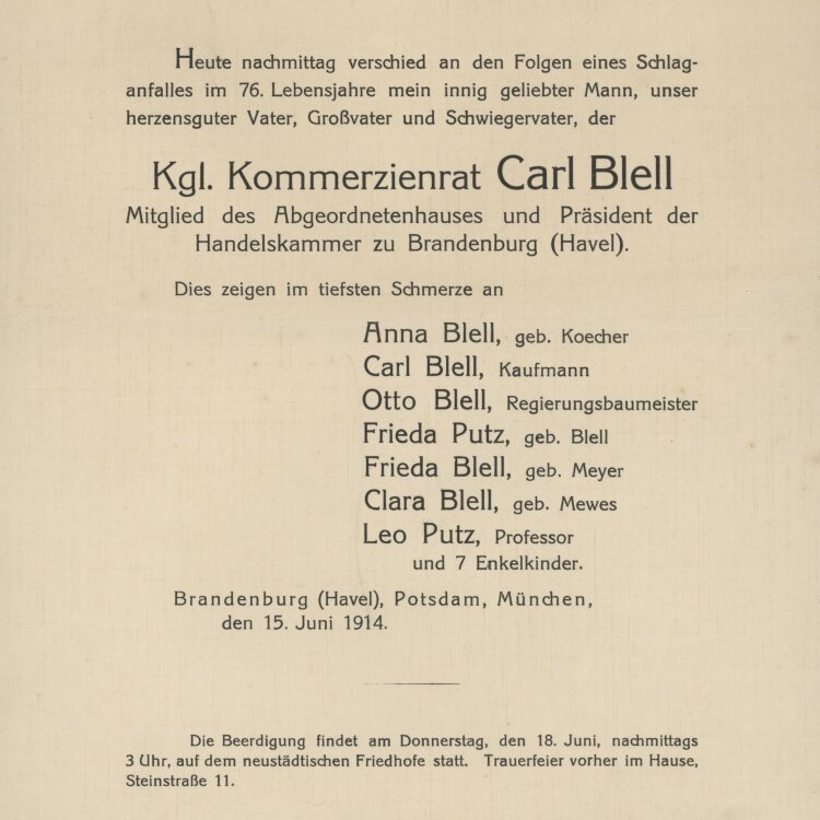 Carl Blell - Todesanzeige - 15.06.1914