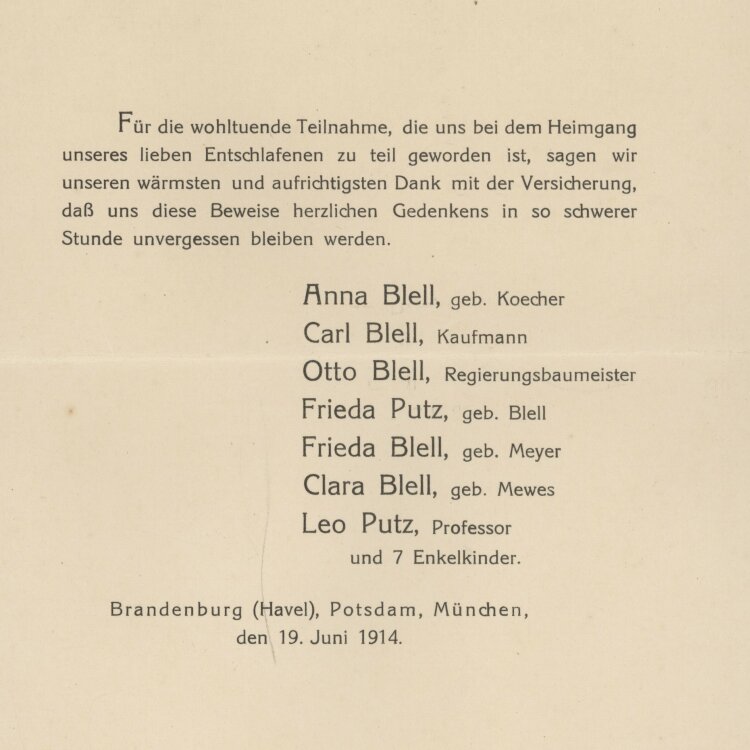 Carl Blell - Dankeskarte - 19.06.1914