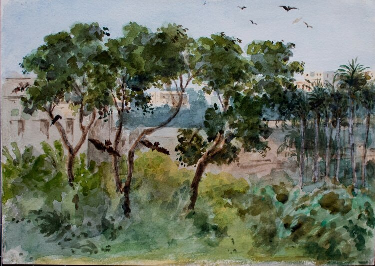 unbekannt - Südländische Landschaft mit Häusern - o. J. - Aquarell