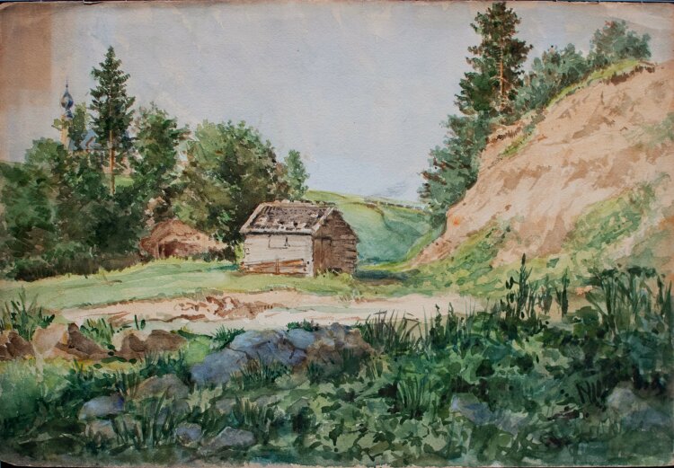 unbekannt - Hügelige Landschaft mit Hütte - o. J. - Aquarell