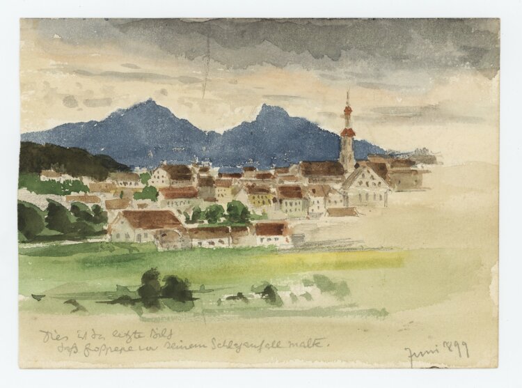 unbekannt - Stadt vor Bergen/ Hühnerskizzen - 1899 - Aquarell über Bleistift, Tinte