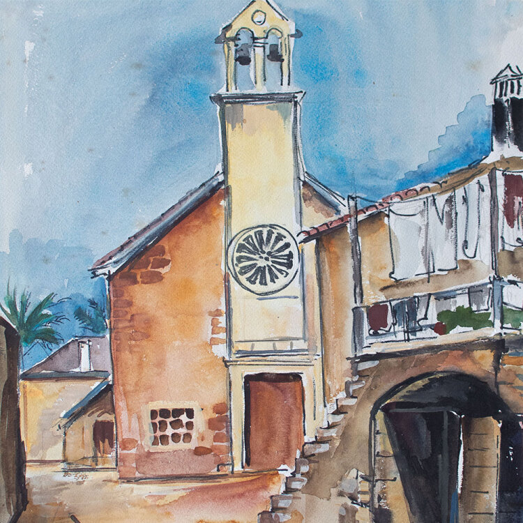 Gerhard Schulte-Dahling - Südliche Stadt mit Kirche - 1959 - Aquarell über Bleistift