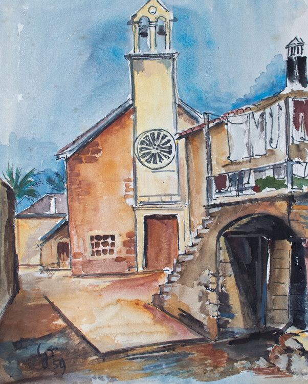 Gerhard Schulte-Dahling - Südliche Stadt mit Kirche - 1959 - Aquarell über Bleistift