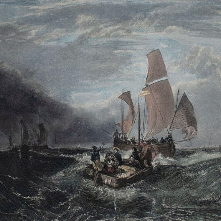 John Cousen nach William Turner - Boats off Calais - undatiert - colorierter Kupferstcih