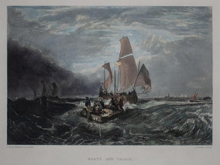 John Cousen nach William Turner - Boats off Calais - undatiert - colorierter Kupferstcih