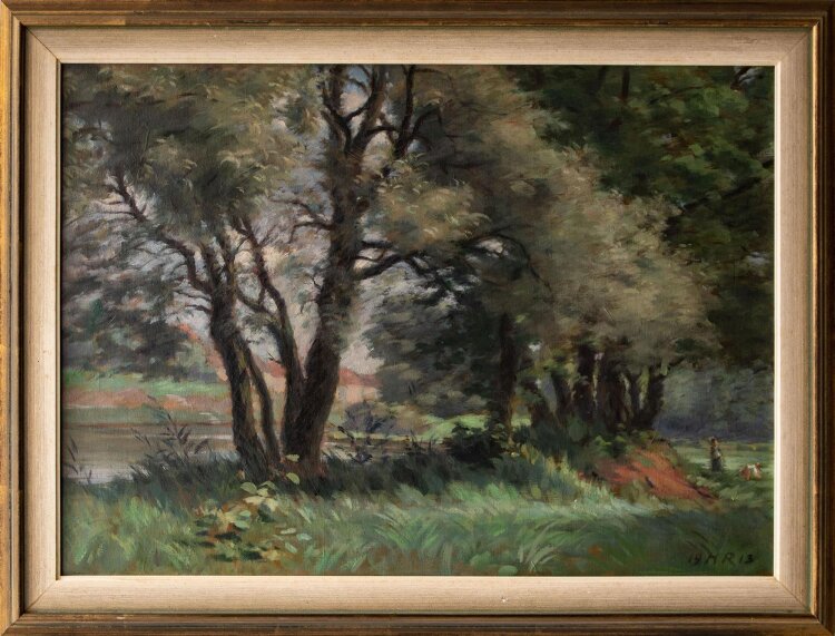 Monogrammist H R - Flußlandschaft mit Spaziergängern - 1913 - Öl