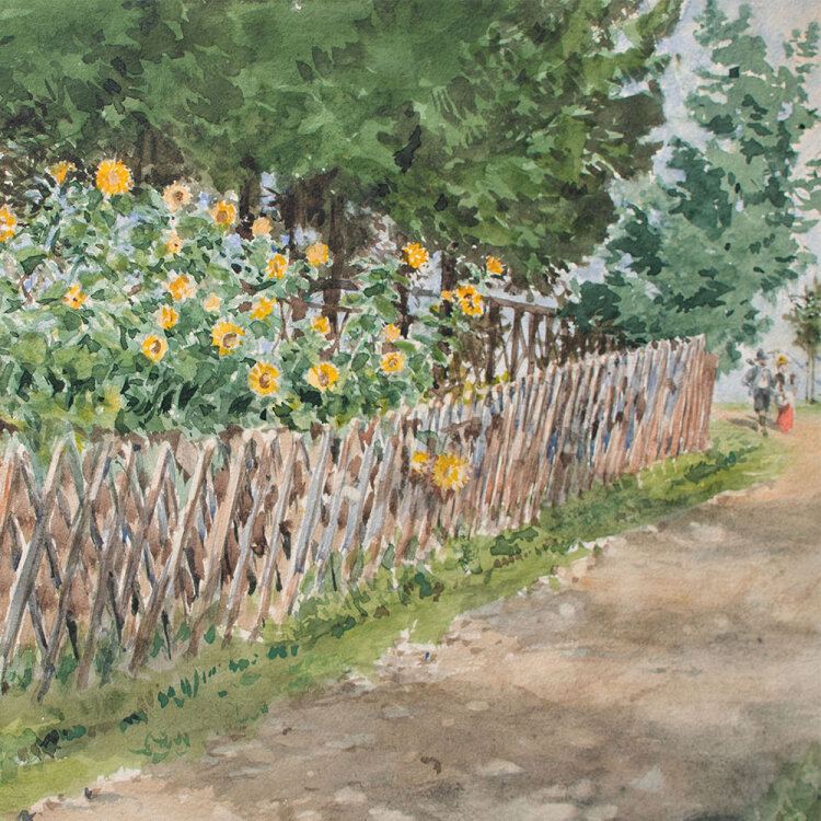 Unbekannt - Garten mit Sonnenblumen - o. J. - Aquarell