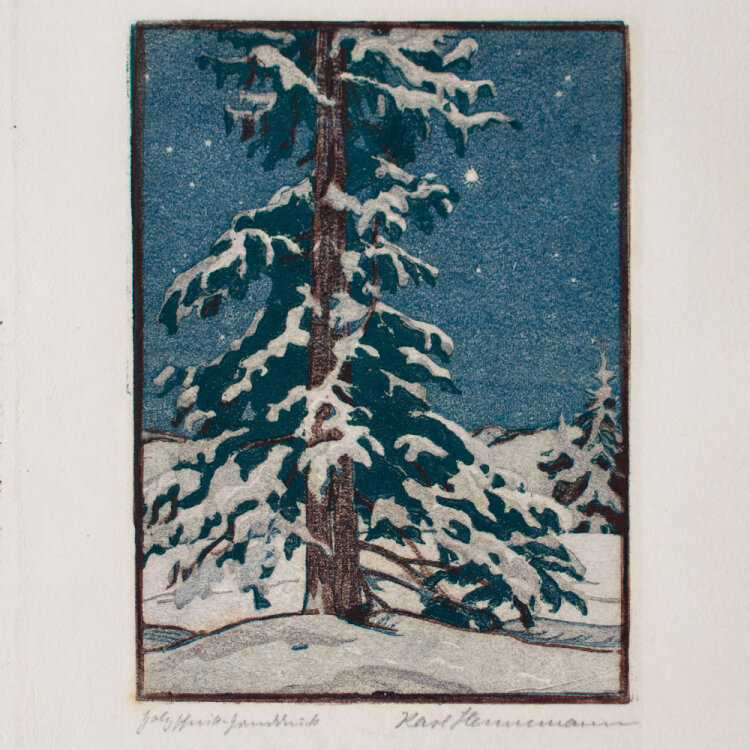 Karl Hennemann - Nächtlicher Winterwald - 1927 (?) - Farbholzschnitt