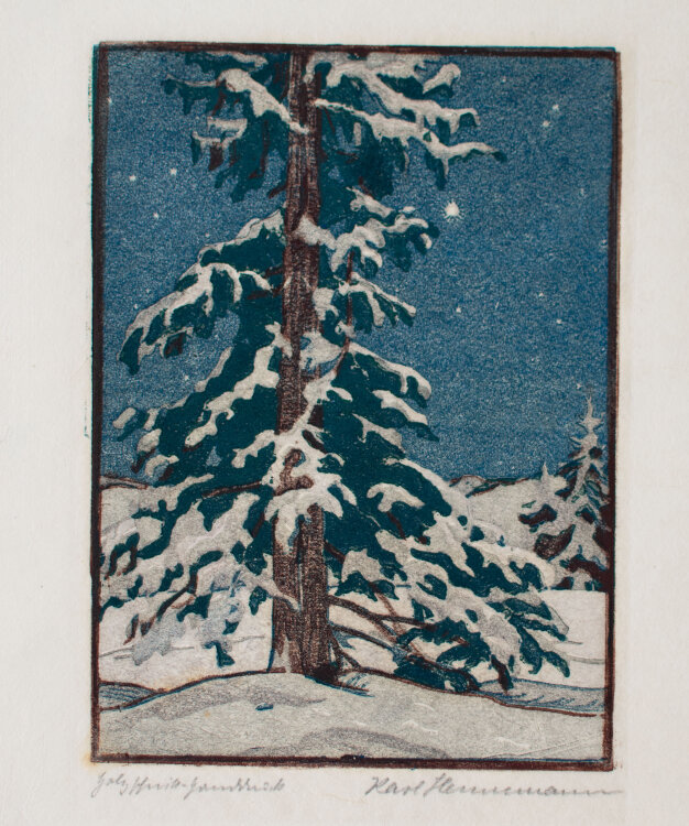 Karl Hennemann - Nächtlicher Winterwald - 1927 (?) - Farbholzschnitt