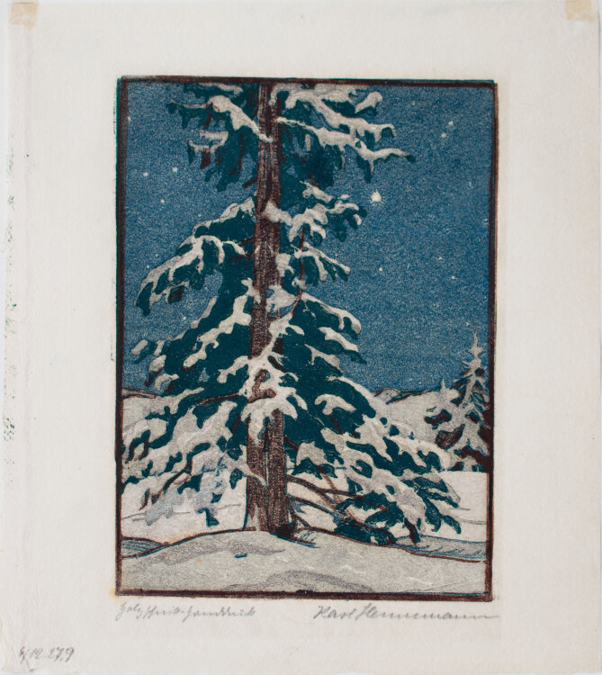 Karl Hennemann - Nächtlicher Winterwald - 1927 (?) - Farbholzschnitt