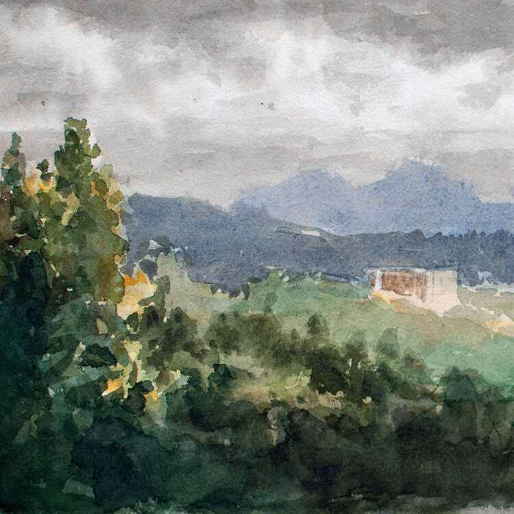 Unbekannt - Weite Landschaft im Unwetter - undatiert - Aquarell