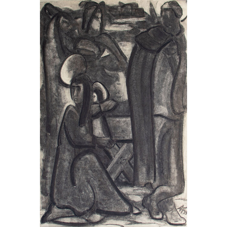 Fritz Hellmich - Heilige Familie - 1955 - Kohlezeichnung