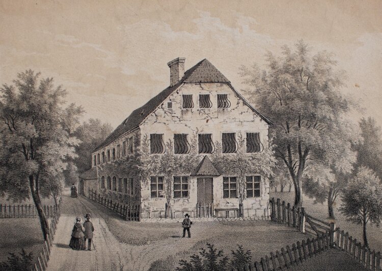 C. W. Arldt - Das alte Bethaus der Gemeinde A. C. zu Thening - undatiert - Lithografie