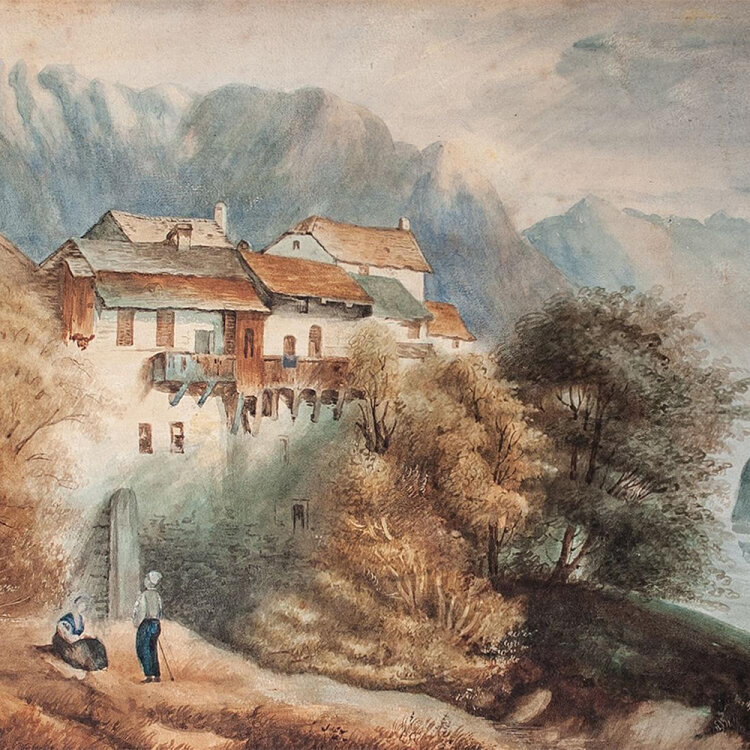 unbekannt - Romantisches Bergdorf - 1846 - Aquarell