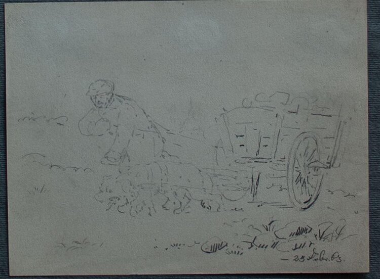 Heinrich Poscharsky - Pastorale Szene/ Mann mit Handwagen - 1863 - Bleistiftzeichnung