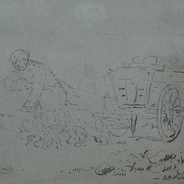 Heinrich Poscharsky - Pastorale Szene/ Mann mit Handwagen - 1863 - Bleistiftzeichnung