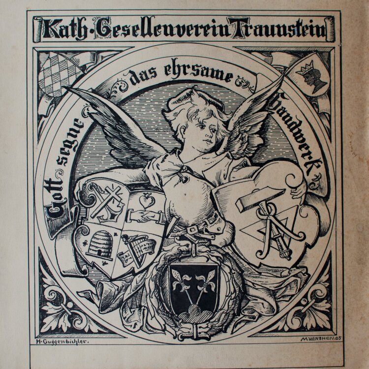 H. Guggenbichler - Exlibris für den Katholischen Gesellenverein Traunstein - 1905 - Tinte