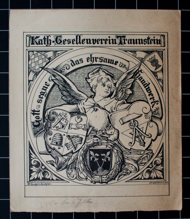 H. Guggenbichler - Exlibris für den Katholischen Gesellenverein Traunstein - 1905 - Tinte