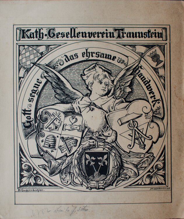 H. Guggenbichler - Exlibris für den Katholischen Gesellenverein Traunstein - 1905 - Tinte