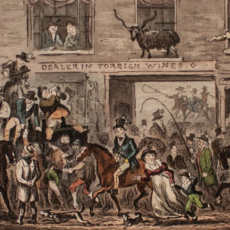 Robert Cruikshank - The comical procession from Gloucester to Berkeley - 1826 - Radierung aquarelliert