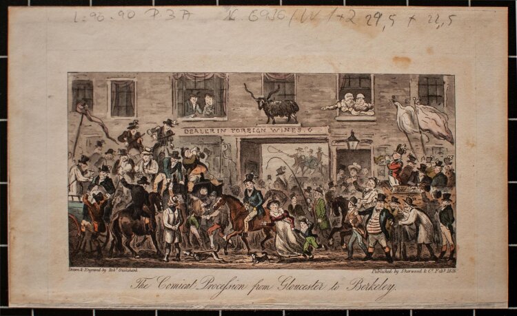 Robert Cruikshank - The comical procession from Gloucester to Berkeley - 1826 - Radierung aquarelliert