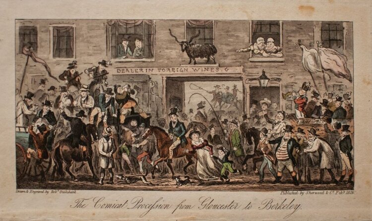 Robert Cruikshank - The comical procession from Gloucester to Berkeley - 1826 - Radierung aquarelliert