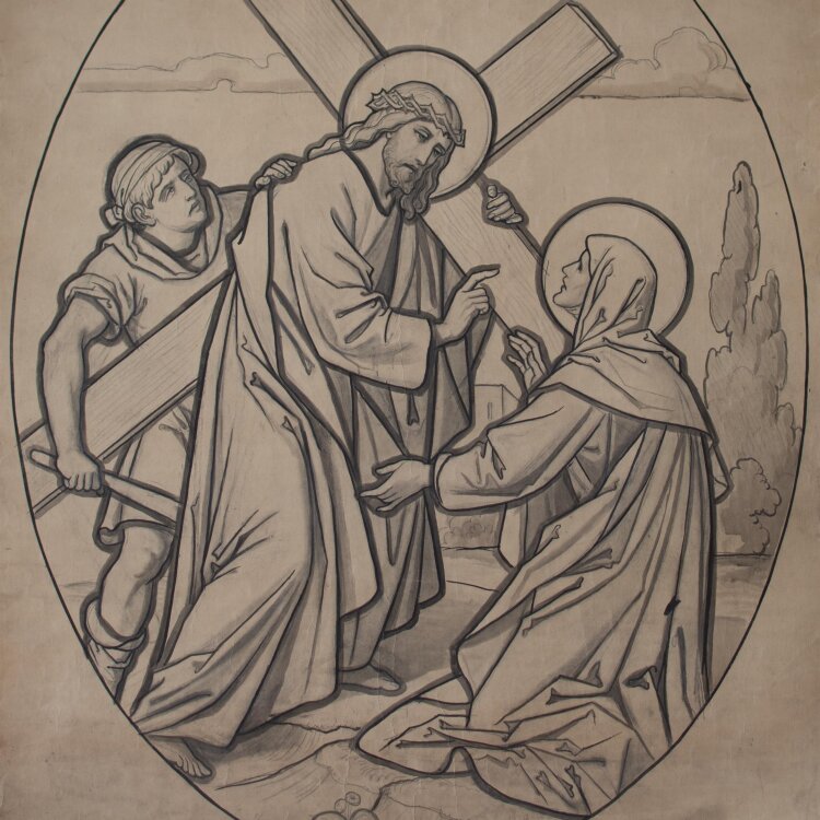 Glasmanufaktur Johann Heinrich Huber-Stutz Zürich - Der kreuztragende Christus begegnet seiner Mutter Maria - undatiert - Kohle/ Aquarell auf Papier, auf Leinwand