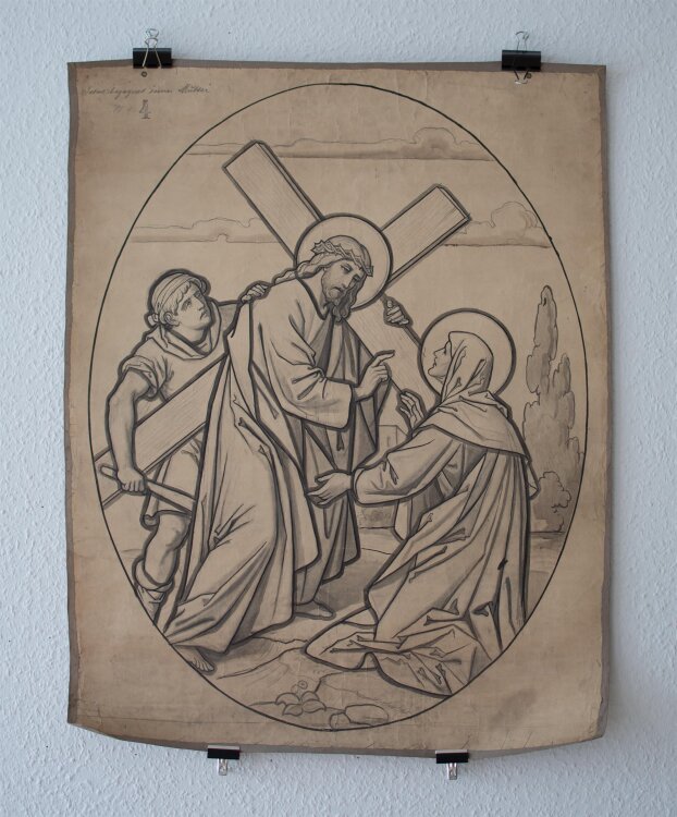 Glasmanufaktur Johann Heinrich Huber-Stutz Zürich - Der kreuztragende Christus begegnet seiner Mutter Maria - undatiert - Kohle/ Aquarell auf Papier, auf Leinwand