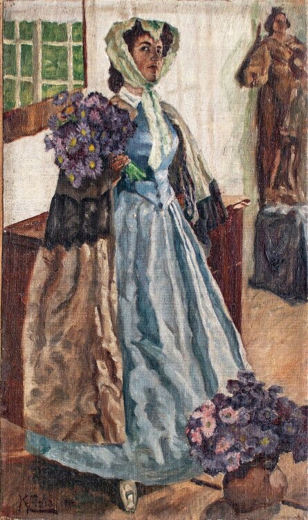 Unbekannt (K. Fizia) - Frau mit Margeriten - Öl auf Leinwand auf Pappe - 1914