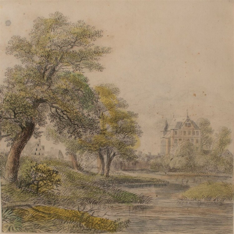 Unbekannt - Landschaft mit Schloss - aquarellierte Bleistiftzeichnung - o. J.