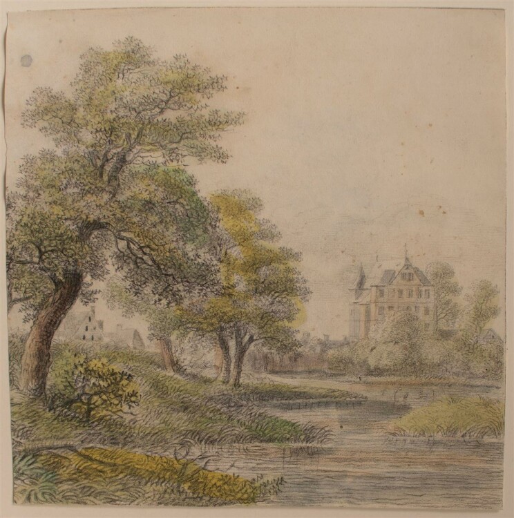 Unbekannt - Landschaft mit Schloss - aquarellierte Bleistiftzeichnung - o. J.