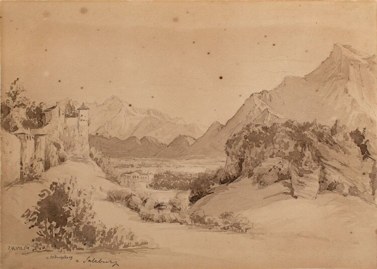 Unbekannt - Mönchsberg bei Salzburg - lavierte Tuschezeichnung - 1854