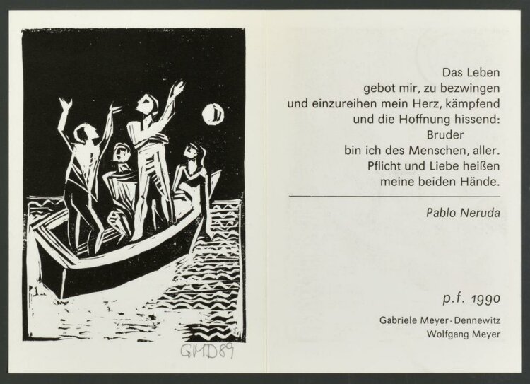 Gabriele Meyer-Dennewitz - Neujahrsgrafik mit Motiv zu Pablo Neruda - 1989 - Holzschnitt