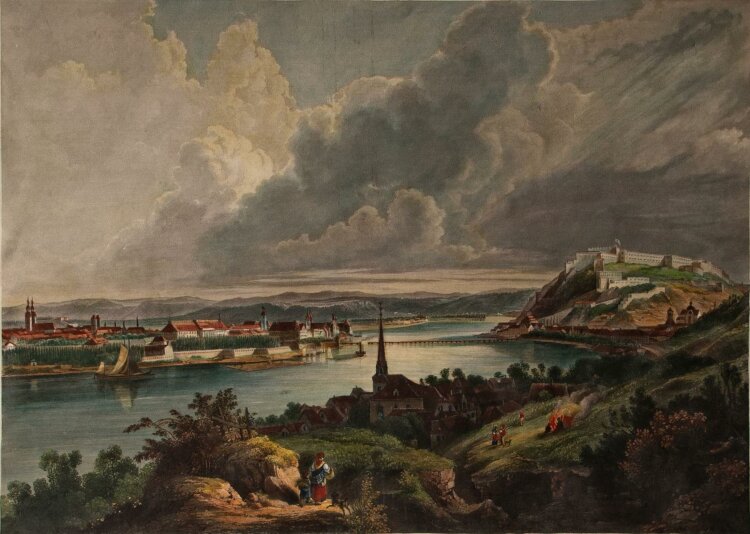 Friedrich Salathé - Koblenz, Stadtpanorama - o.J. - colorierte Aquatintaradierung